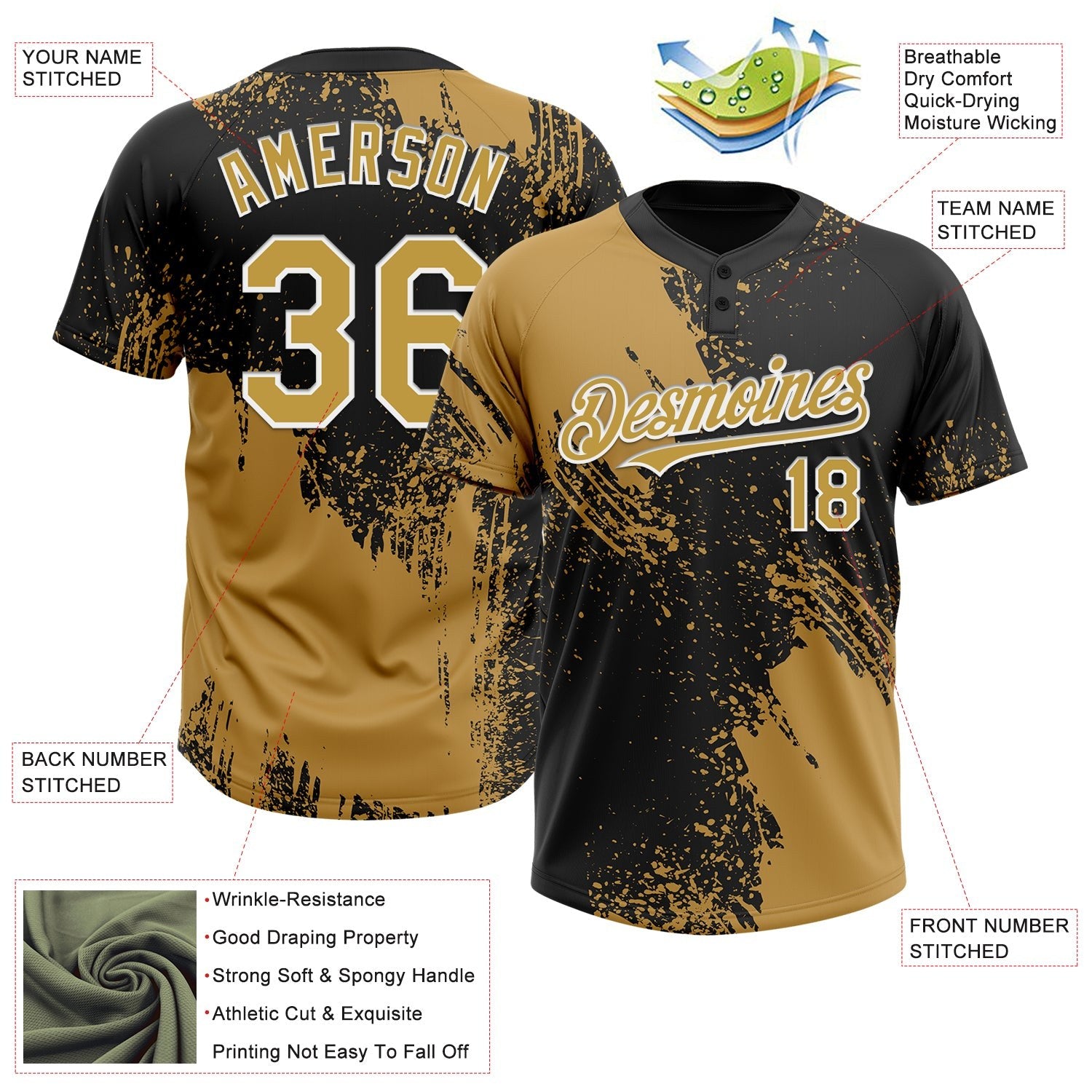 Custom Old Gold Black-White 3D Pattern Abstract Brush Stroke Two-Button Unisex Softball Jersey photo 3