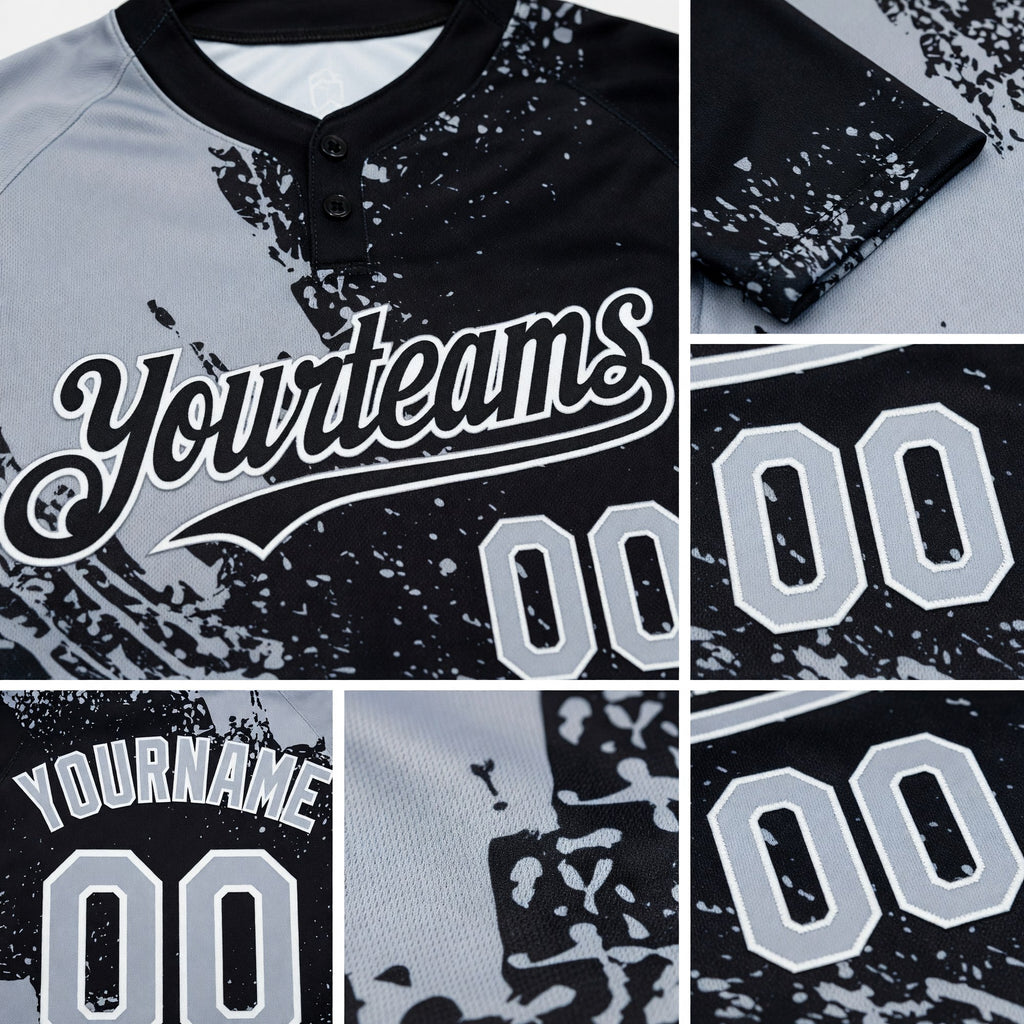 Custom Gray Black-White 3D Pattern Abstract Brush Stroke Two-Button Unisex Softball Jersey detail