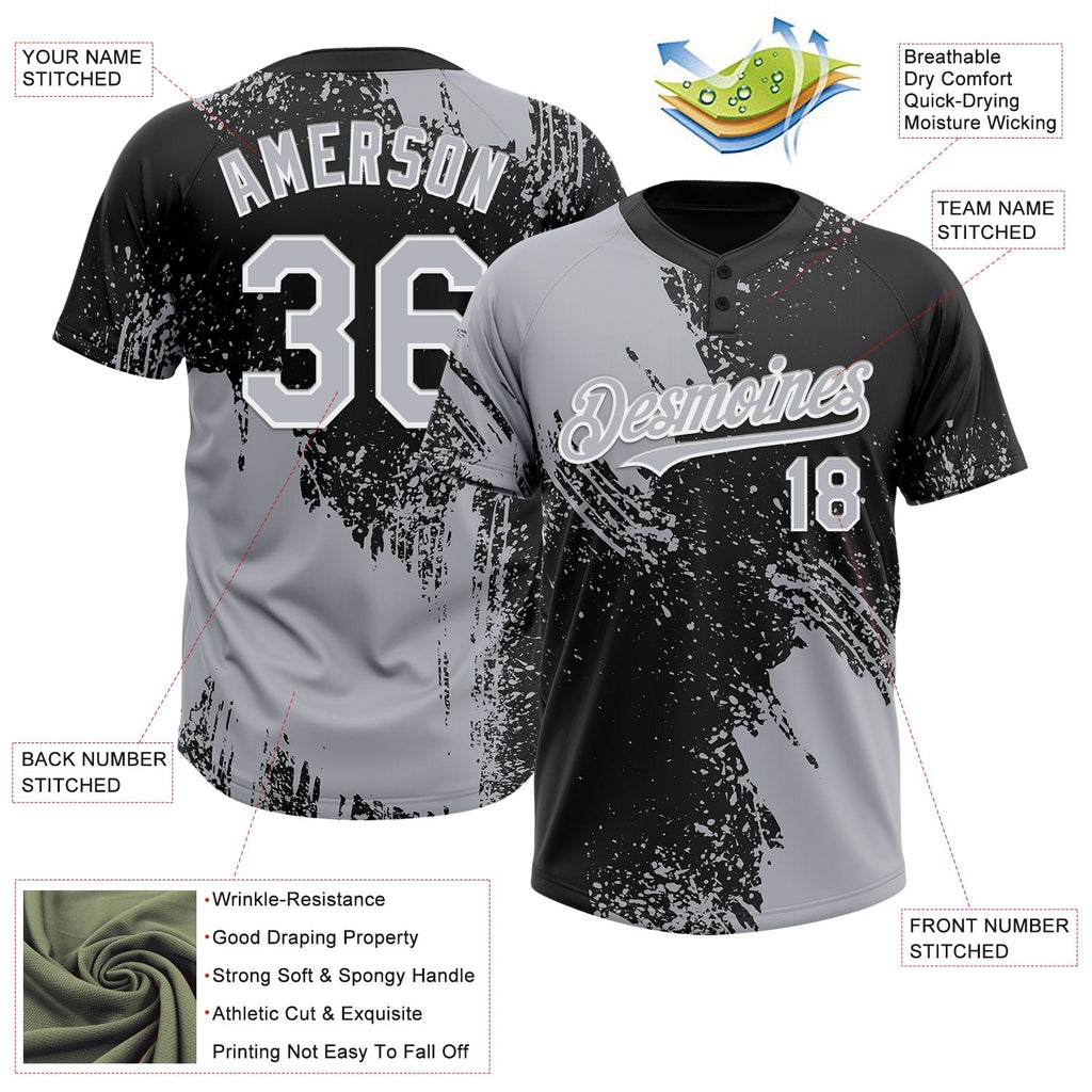 Custom Gray Black-White 3D Pattern Abstract Brush Stroke Two-Button Unisex Softball Jersey photo 3