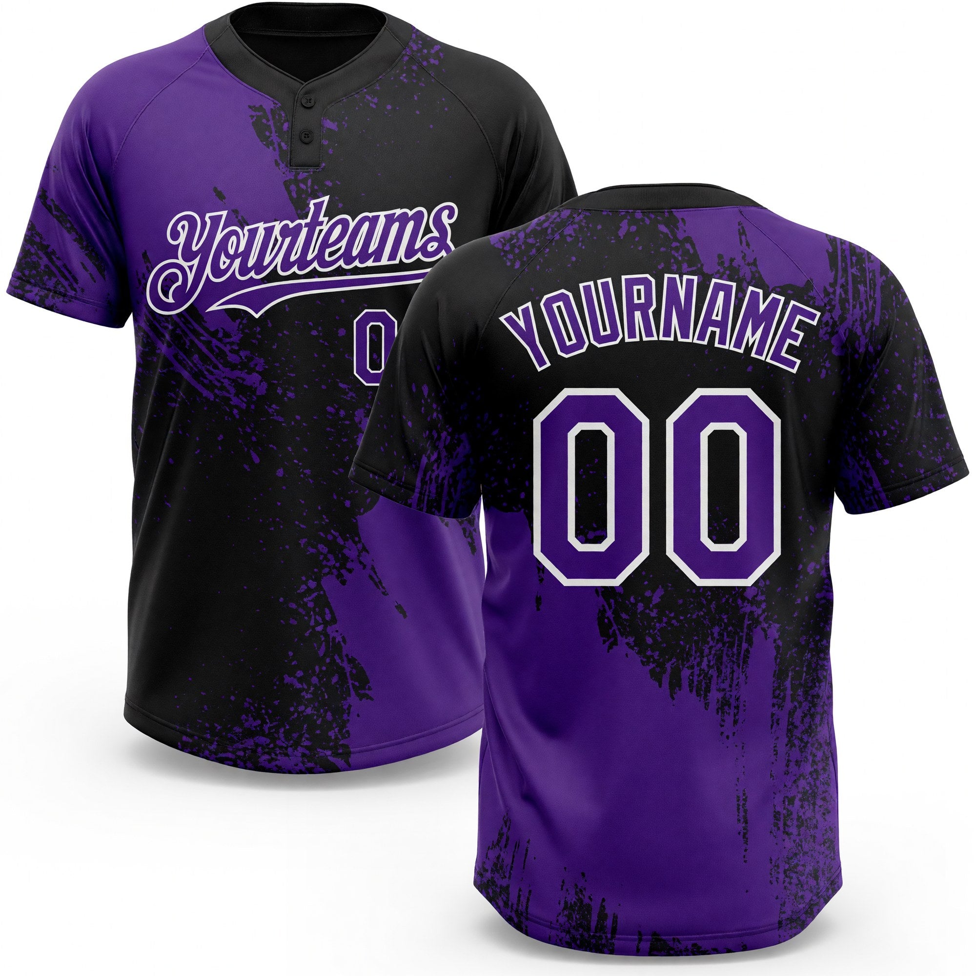 Custom Purple Black-White 3D Pattern Abstract Brush Stroke Two-Button Unisex Softball Jersey