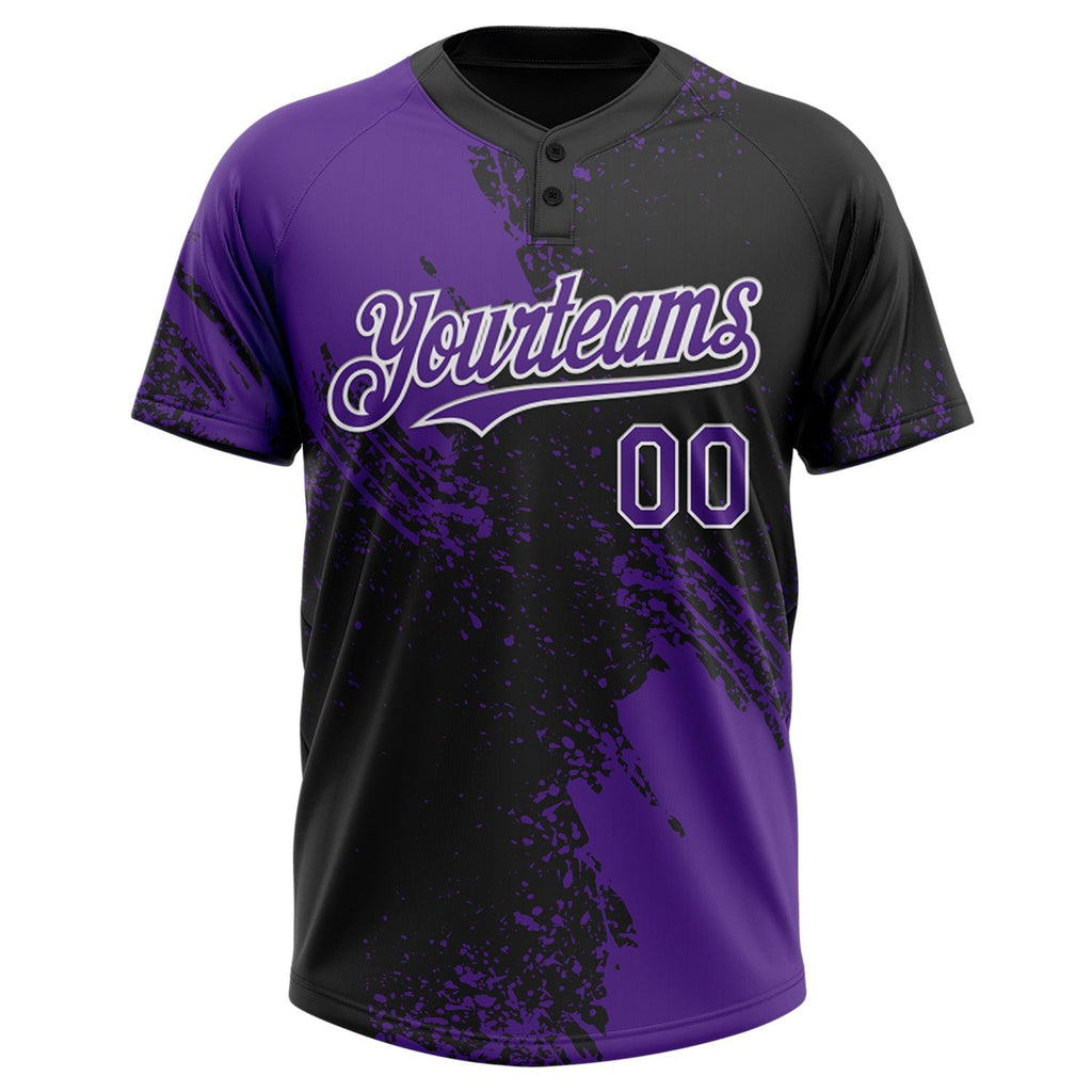 Custom Purple Black-White 3D Pattern Abstract Brush Stroke Two-Button Unisex Softball Jersey photo 2