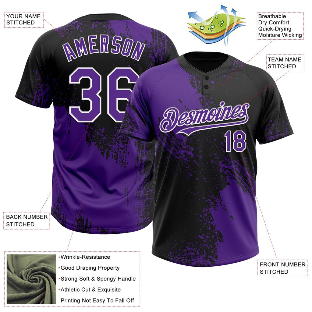 Custom Purple Black-White 3D Pattern Abstract Brush Stroke Two-Button Unisex Softball Jersey photo 3