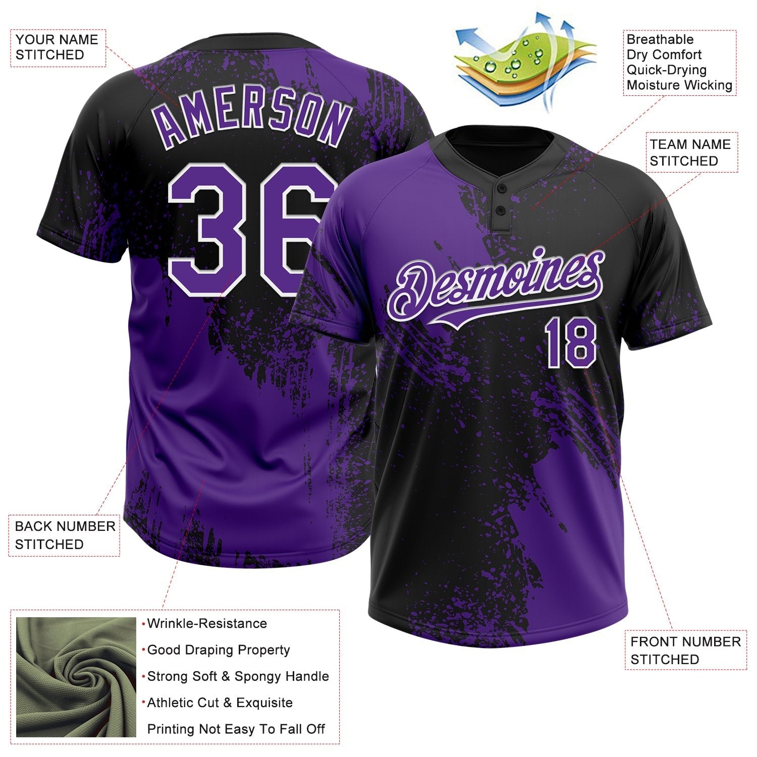 Custom Purple Black-White 3D Pattern Abstract Brush Stroke Two-Button Unisex Softball Jersey photo 3