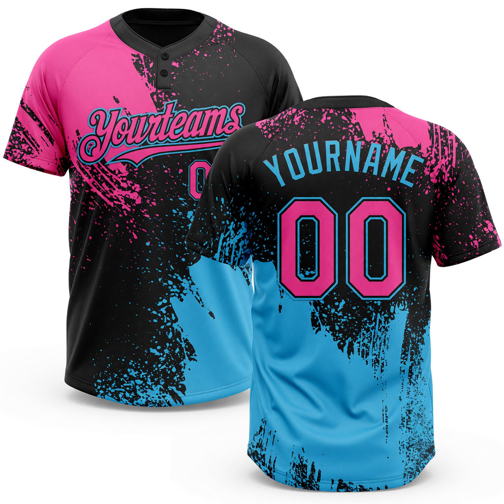 Custom Black Pink-Sky Blue 3D Pattern Abstract Brush Stroke Two-Button Unisex Softball Jersey