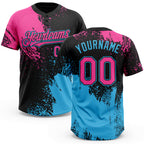 Custom Black Pink-Sky Blue 3D Pattern Abstract Brush Stroke Two-Button Unisex Softball Jersey