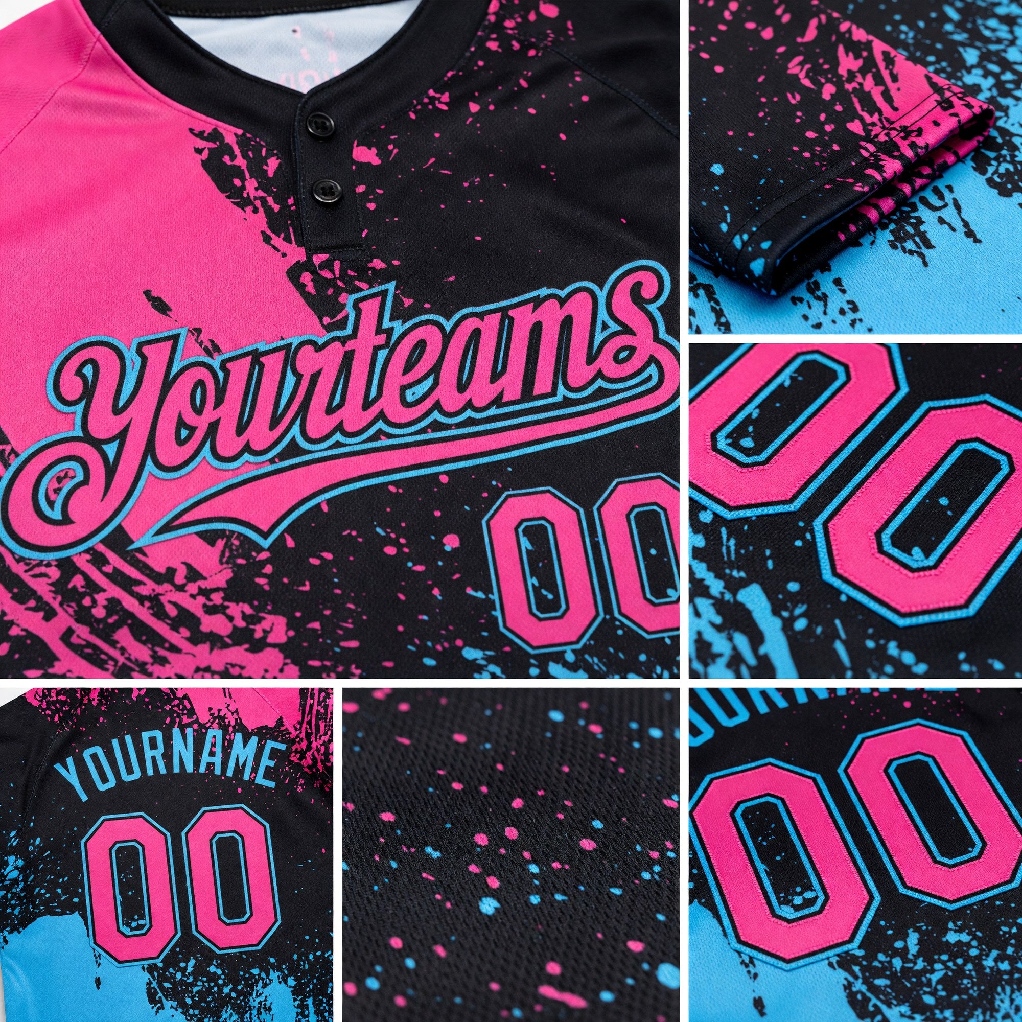 Custom Black Pink-Sky Blue 3D Pattern Abstract Brush Stroke Two-Button Unisex Softball Jersey detail