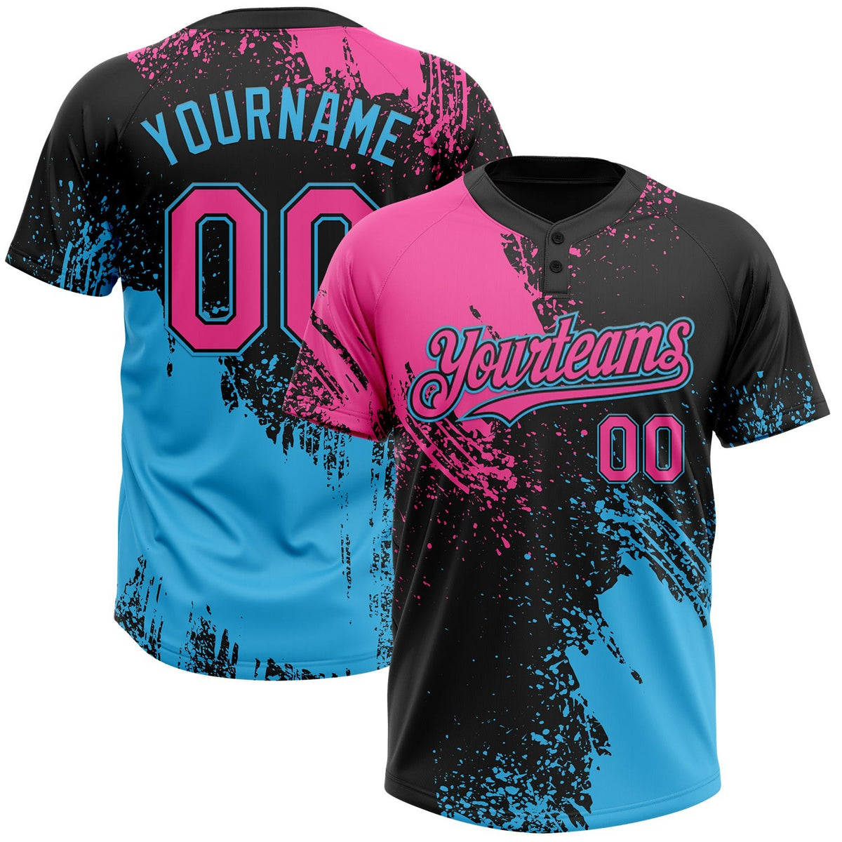 Custom Black Pink-Sky Blue 3D Pattern Abstract Brush Stroke Two-Button Unisex Softball Jersey photo 1