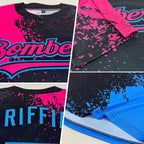 Custom Black Pink-Sky Blue 3D Pattern Abstract Brush Stroke Two-Button Unisex Softball Jersey photo 2