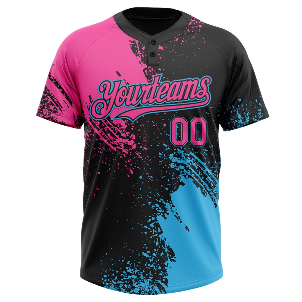 Custom Black Pink-Sky Blue 3D Pattern Abstract Brush Stroke Two-Button Unisex Softball Jersey photo 3