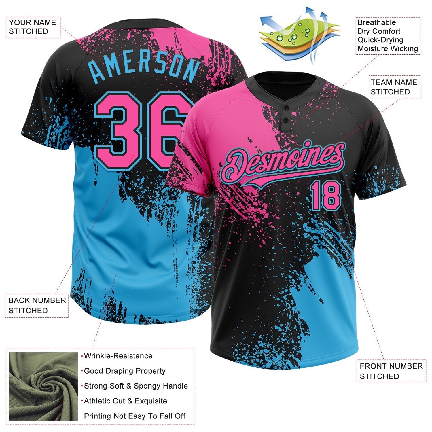 Custom Black Pink-Sky Blue 3D Pattern Abstract Brush Stroke Two-Button Unisex Softball Jersey photo 4