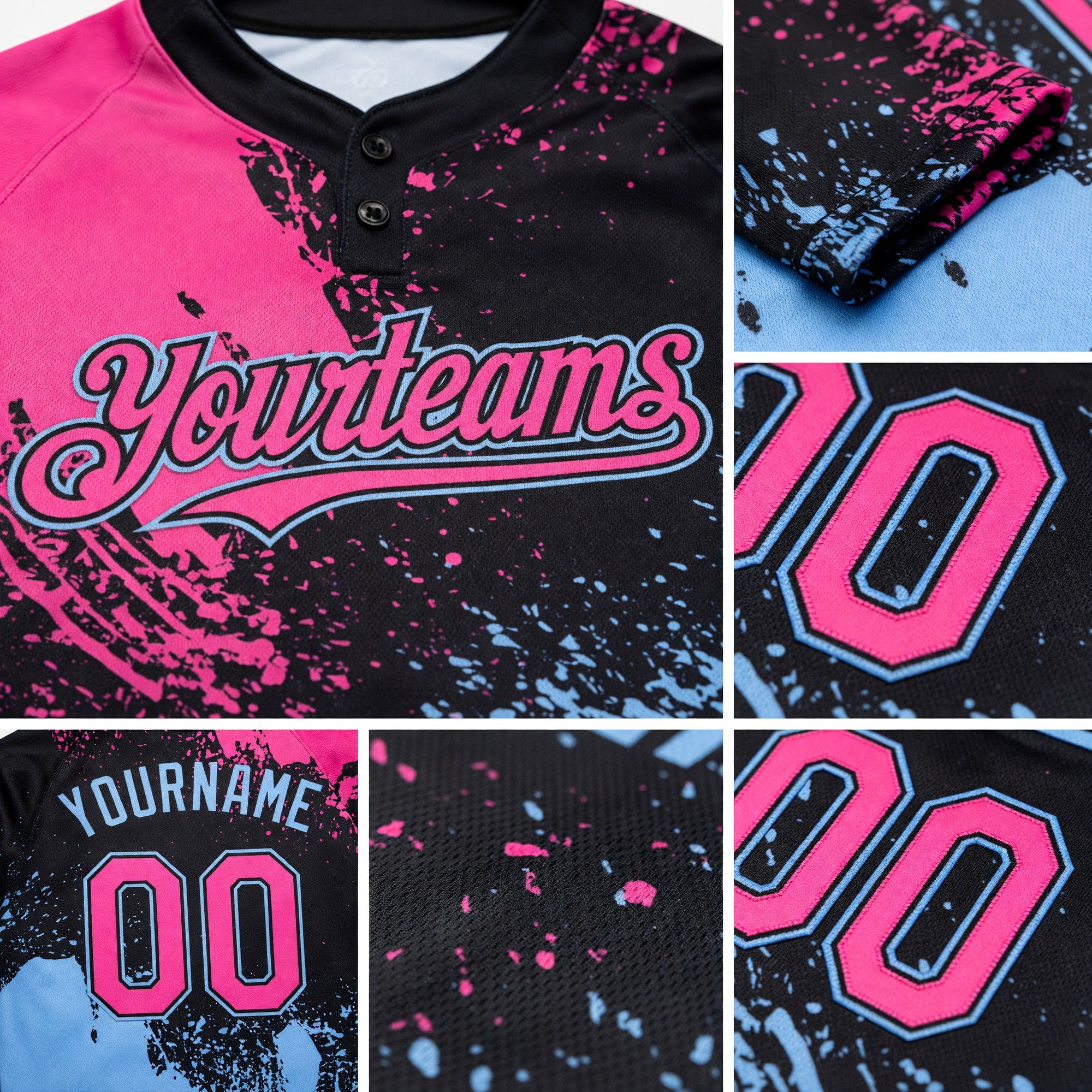 Custom Black Pink-Light Blue 3D Pattern Abstract Brush Stroke Two-Button Unisex Softball Jersey detail
