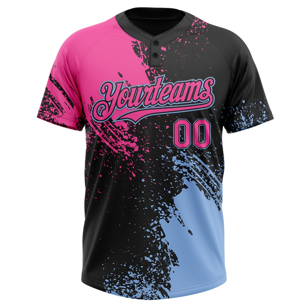 Custom Black Pink-Light Blue 3D Pattern Abstract Brush Stroke Two-Button Unisex Softball Jersey photo 2