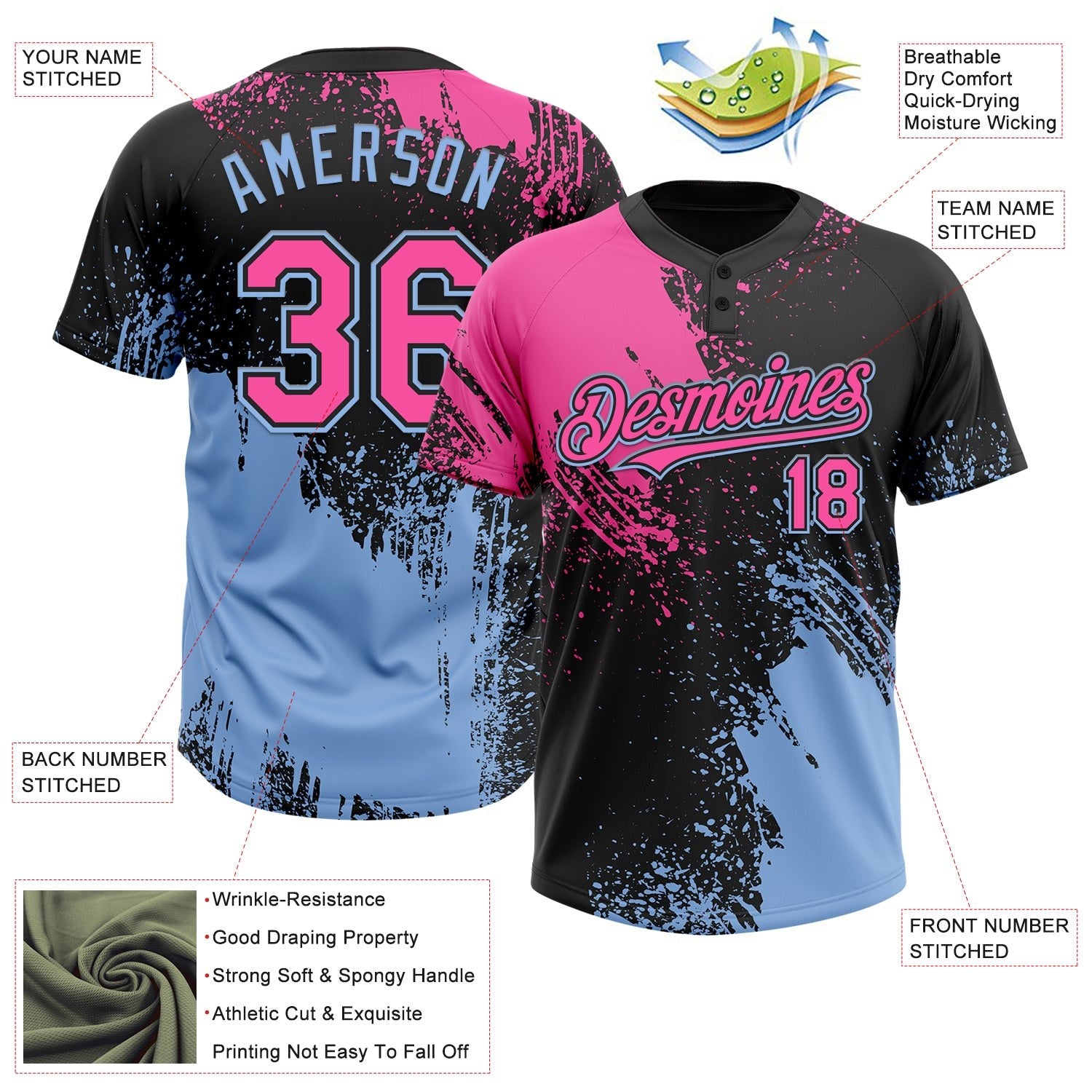 Custom Black Pink-Light Blue 3D Pattern Abstract Brush Stroke Two-Button Unisex Softball Jersey photo 3