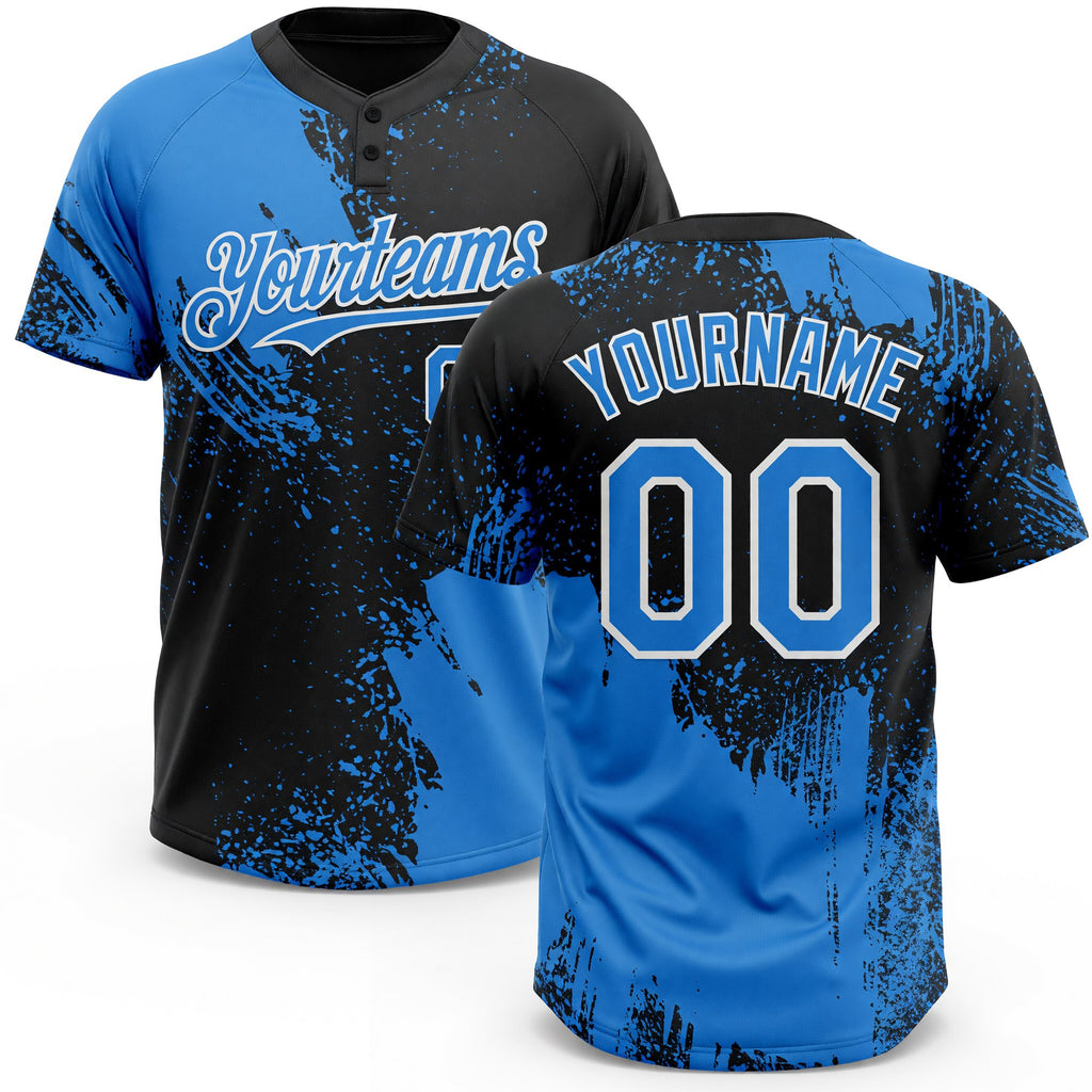 Custom Black Electric Blue-White 3D Pattern Abstract Brush Stroke Two-Button Unisex Softball Jersey