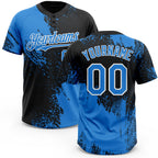 Custom Black Electric Blue-White 3D Pattern Abstract Brush Stroke Two-Button Unisex Softball Jersey