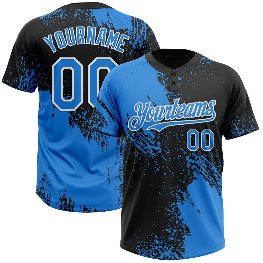 Custom Black Electric Blue-White 3D Pattern Abstract Brush Stroke Two-Button Unisex Softball Jersey photo 1