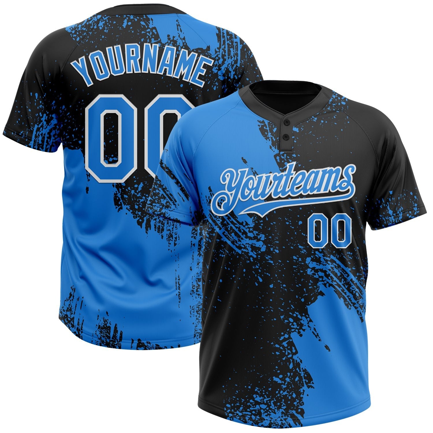 Custom Black Electric Blue-White 3D Pattern Abstract Brush Stroke Two-Button Unisex Softball Jersey photo 1