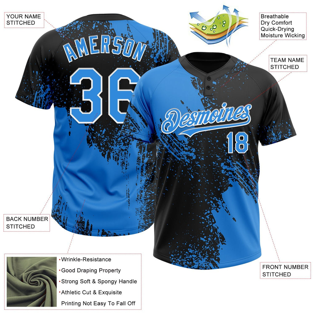 Custom Black Electric Blue-White 3D Pattern Abstract Brush Stroke Two-Button Unisex Softball Jersey photo 3