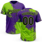 Custom Neon Green Black-Purple 3D Pattern Abstract Brush Stroke Two-Button Unisex Softball Jersey