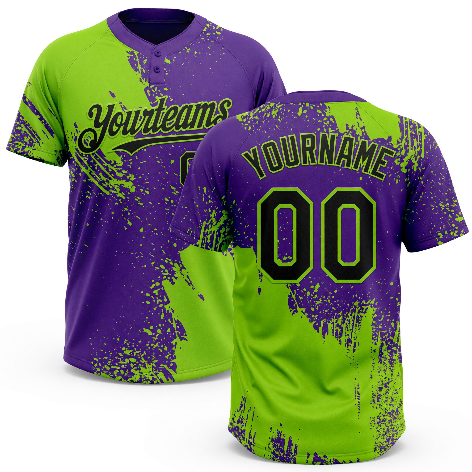 Custom Neon Green Black-Purple 3D Pattern Abstract Brush Stroke Two-Button Unisex Softball Jersey