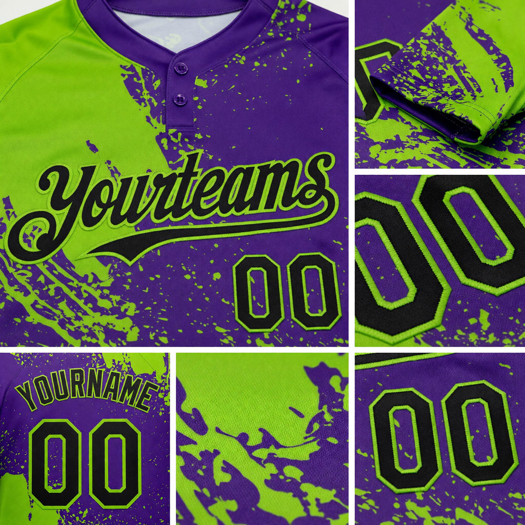 Custom Neon Green Black-Purple 3D Pattern Abstract Brush Stroke Two-Button Unisex Softball Jersey detail