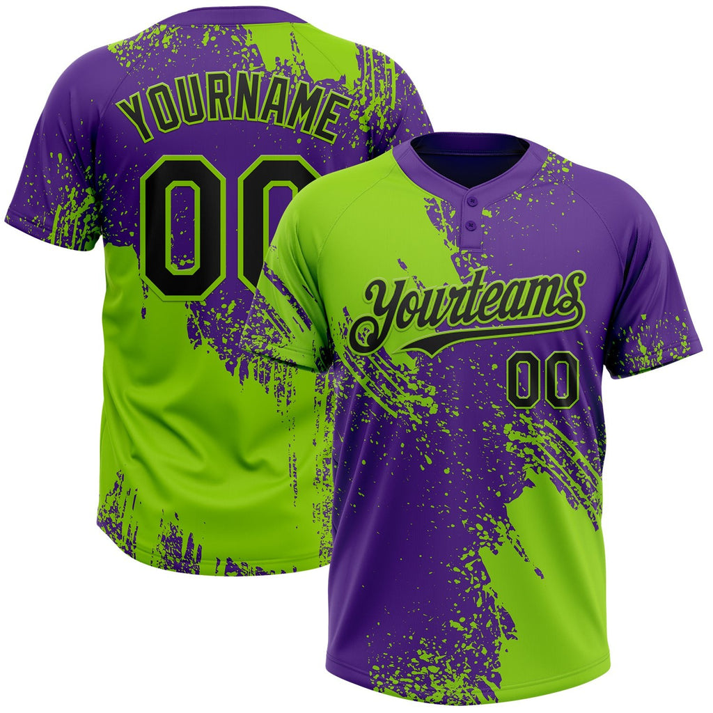 Custom Neon Green Black-Purple 3D Pattern Abstract Brush Stroke Two-Button Unisex Softball Jersey photo 1