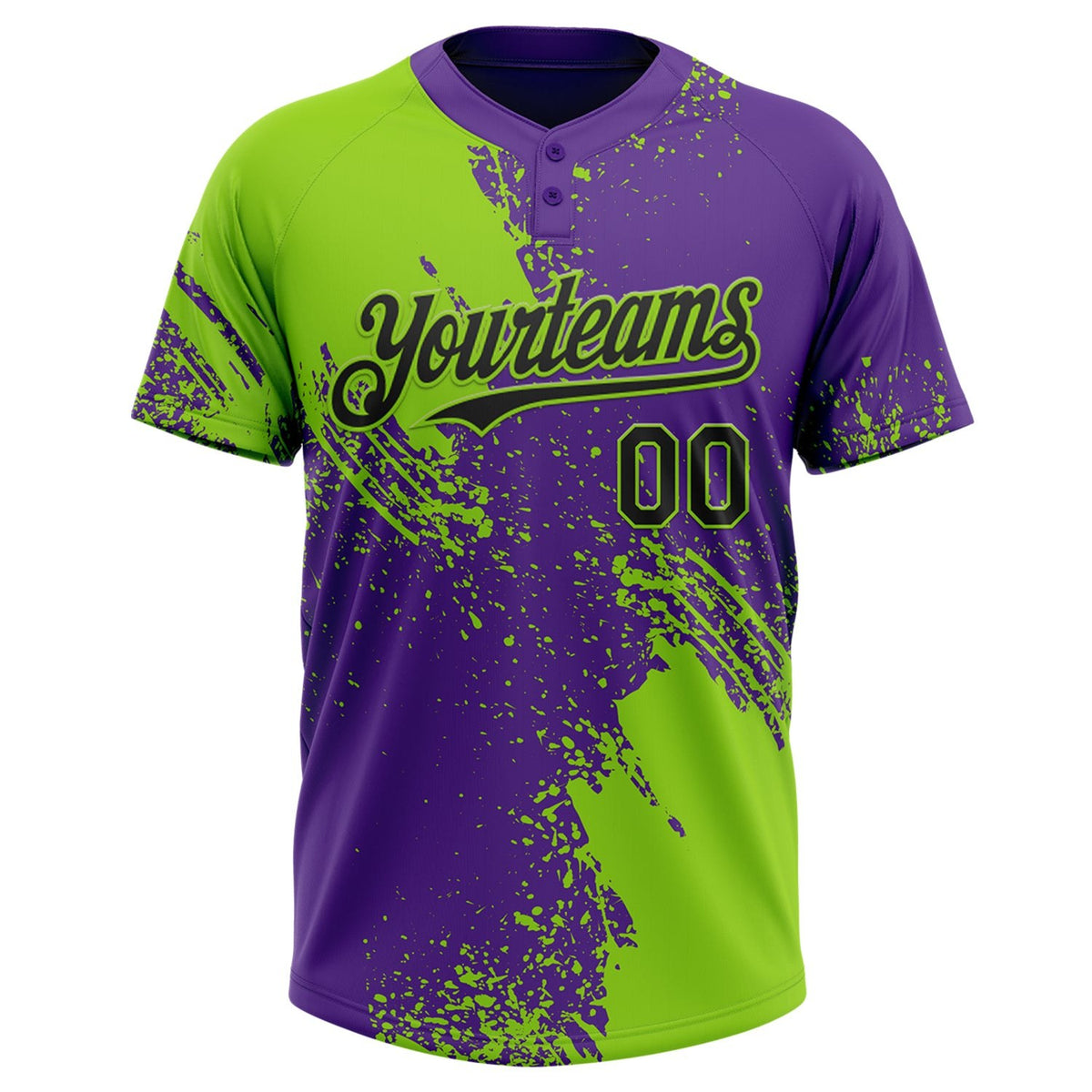 Custom Neon Green Black-Purple 3D Pattern Abstract Brush Stroke Two-Button Unisex Softball Jersey photo 2