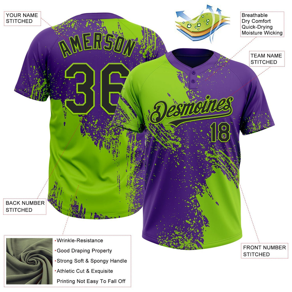 Custom Neon Green Black-Purple 3D Pattern Abstract Brush Stroke Two-Button Unisex Softball Jersey photo 3