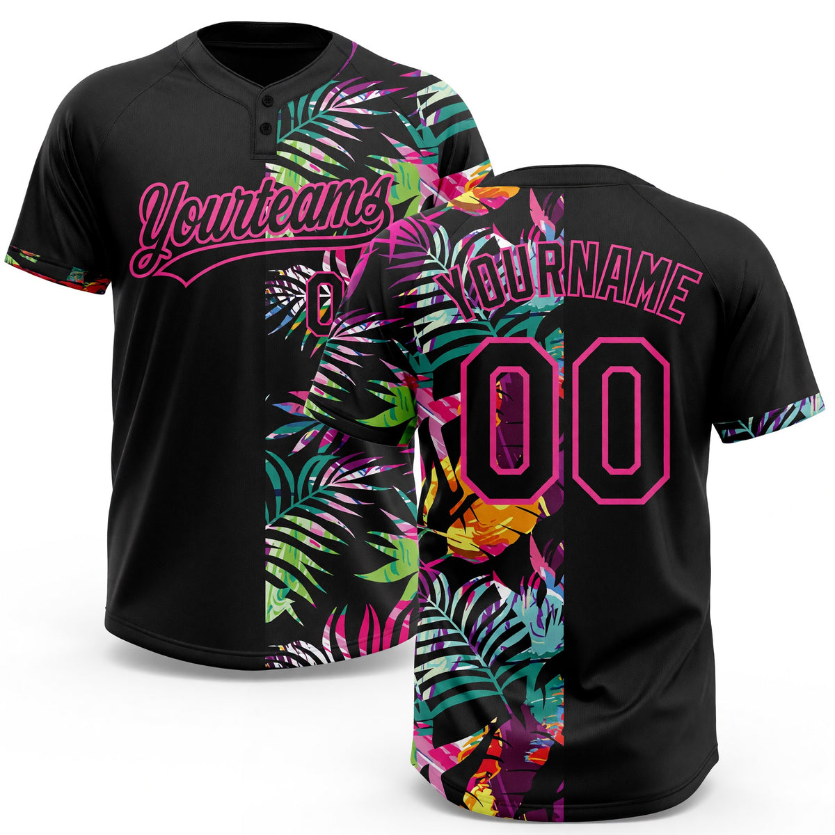 Custom Black Pink 3D Pattern Hawaii Tropical Palm Leaves Two-Button Unisex Softball Jersey