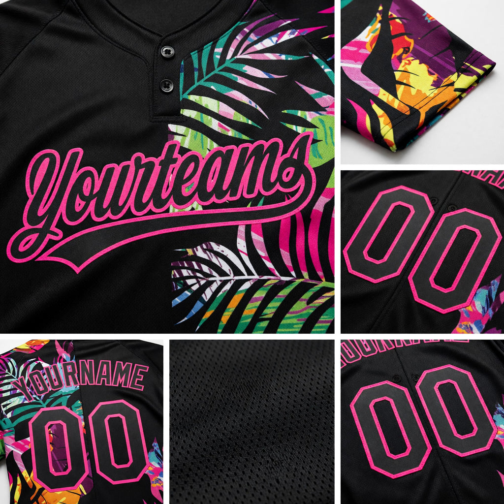 Custom Black Pink 3D Pattern Hawaii Tropical Palm Leaves Two-Button Unisex Softball Jersey detail