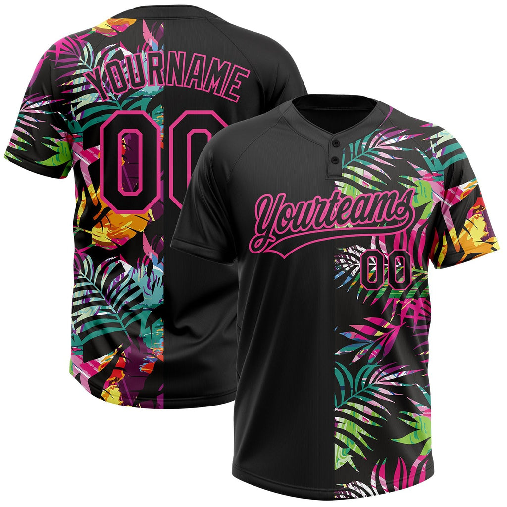 Custom Black Pink 3D Pattern Hawaii Tropical Palm Leaves Two-Button Unisex Softball Jersey photo 1