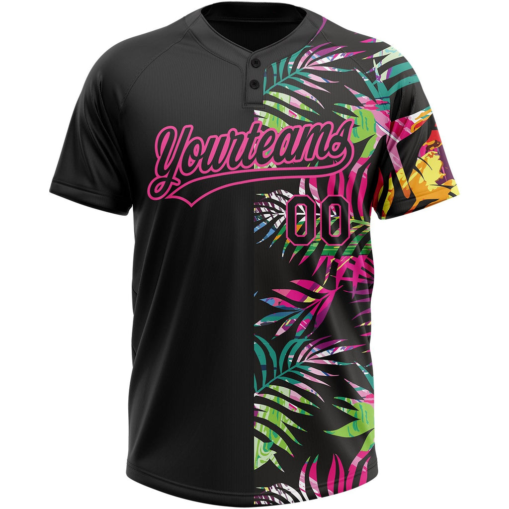 Custom Black Pink 3D Pattern Hawaii Tropical Palm Leaves Two-Button Unisex Softball Jersey photo 2