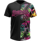 Custom Black Pink 3D Pattern Hawaii Tropical Palm Leaves Two-Button Unisex Softball Jersey photo 2