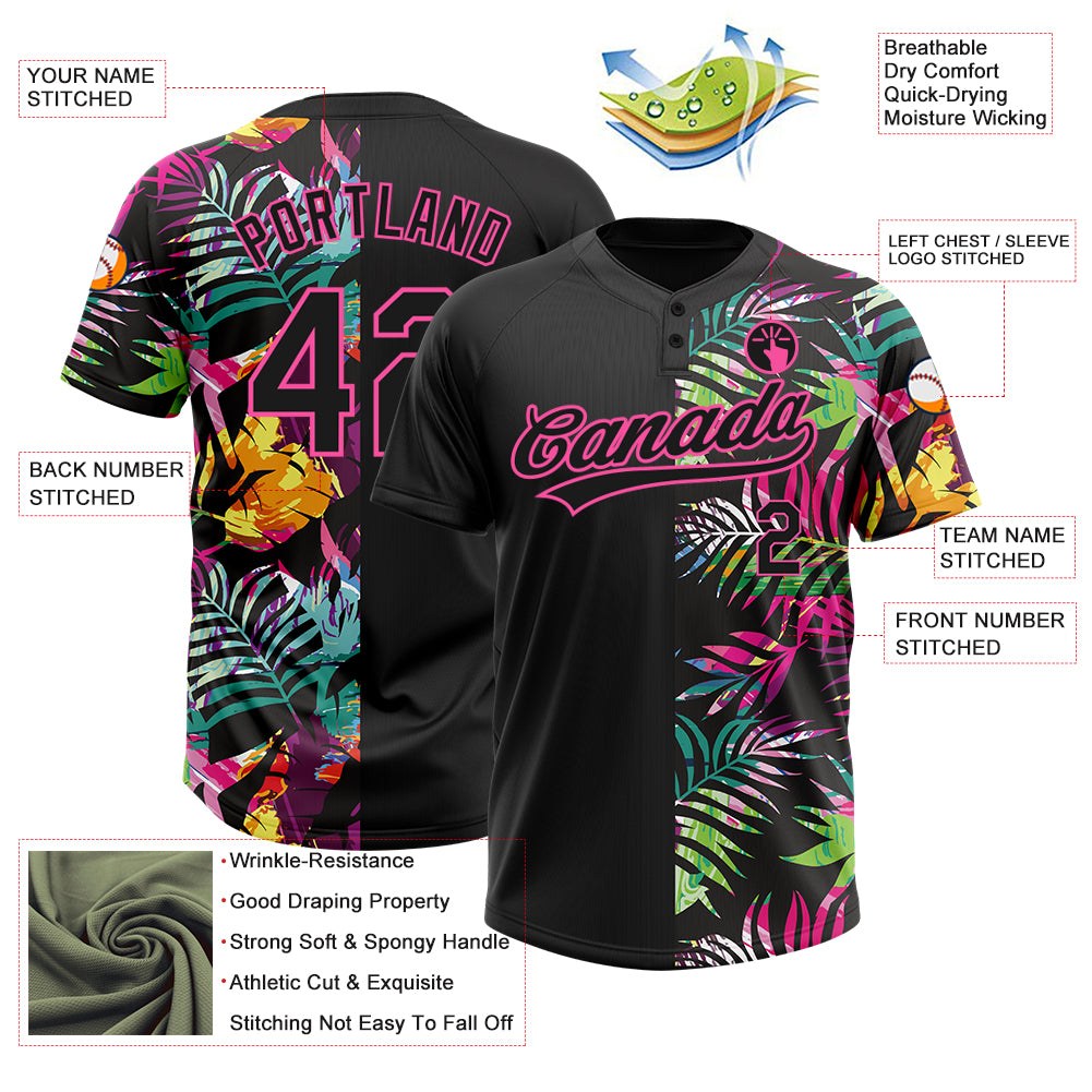 Custom Black Pink 3D Pattern Hawaii Tropical Palm Leaves Two-Button Unisex Softball Jersey photo 3