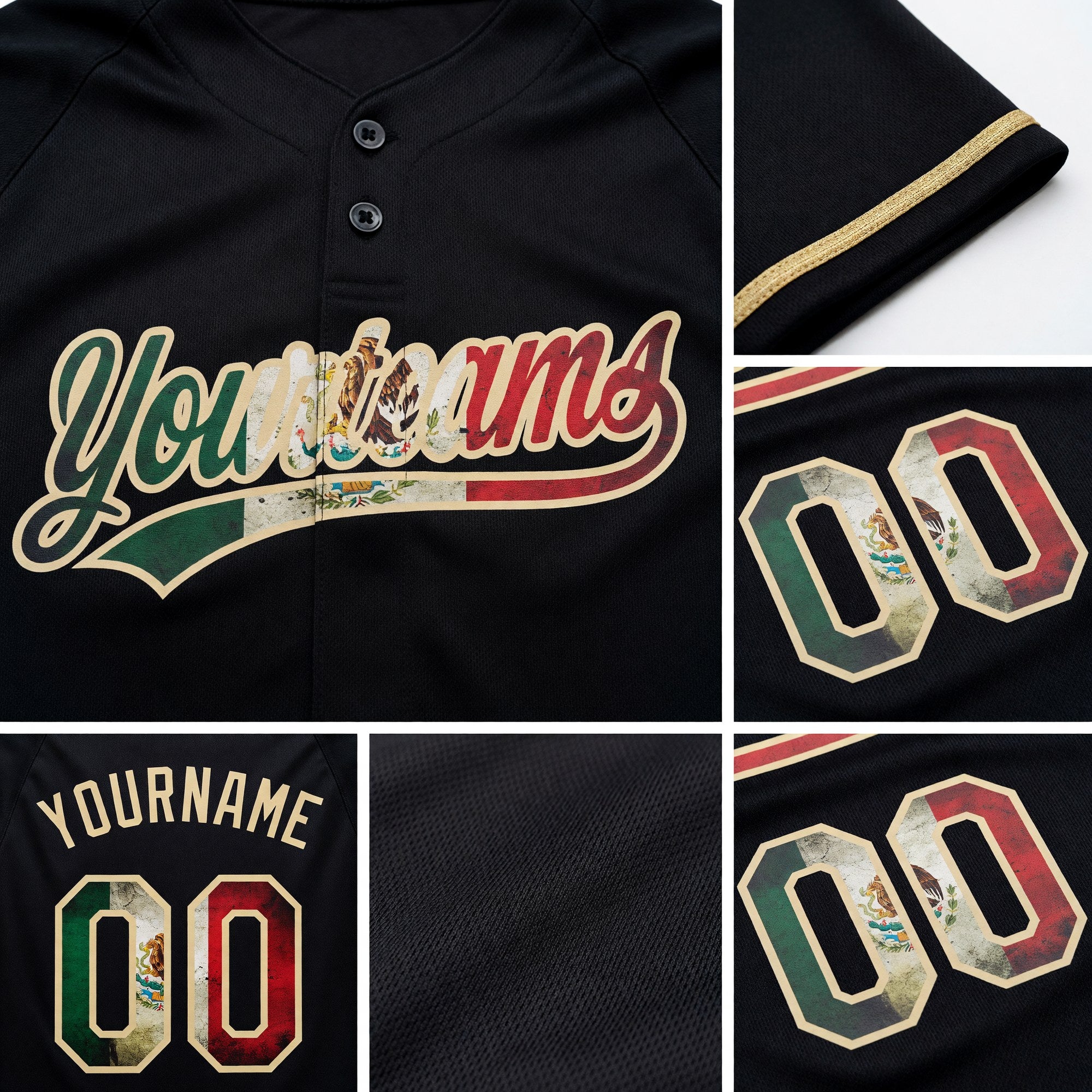 Custom Black Vintage Mexican Flag-City Cream Two-Button Unisex Softball Jersey detail