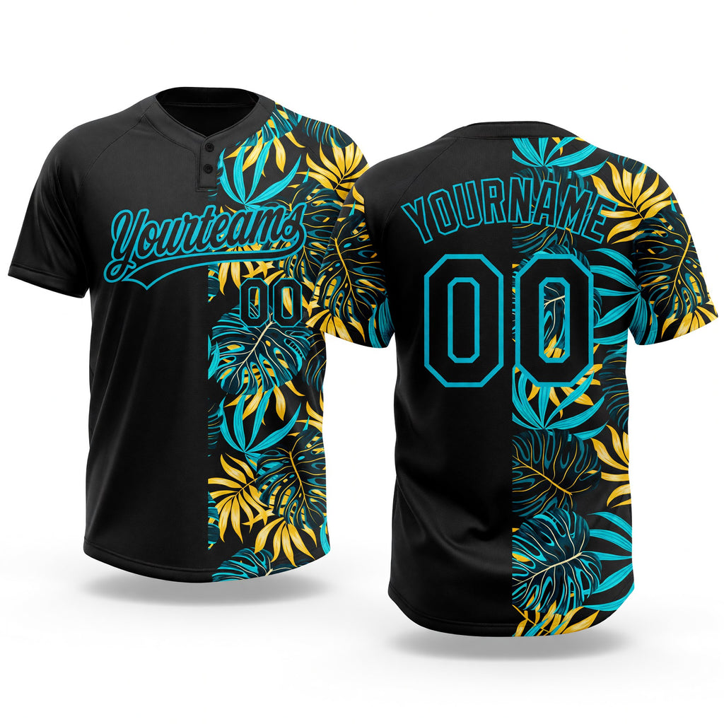 Custom Black Lakes Blue 3D Pattern Hawaii Tropical Palm Leaves Two-Button Unisex Softball Jersey