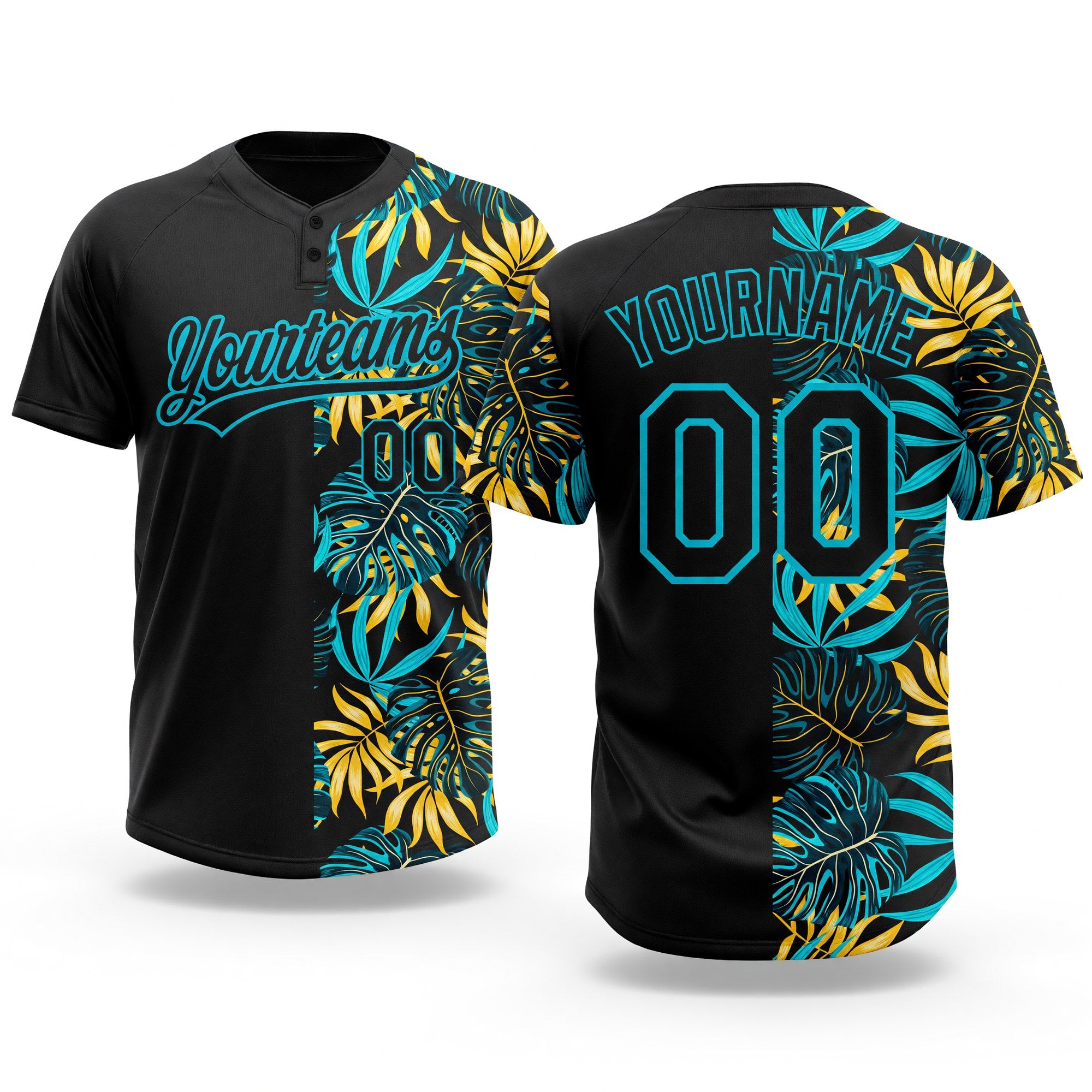 Custom Black Lakes Blue 3D Pattern Hawaii Tropical Palm Leaves Two-Button Unisex Softball Jersey