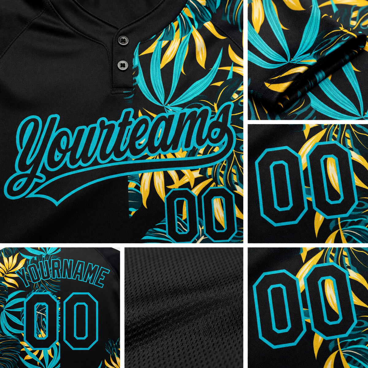 Custom Black Lakes Blue 3D Pattern Hawaii Tropical Palm Leaves Two-Button Unisex Softball Jersey detail