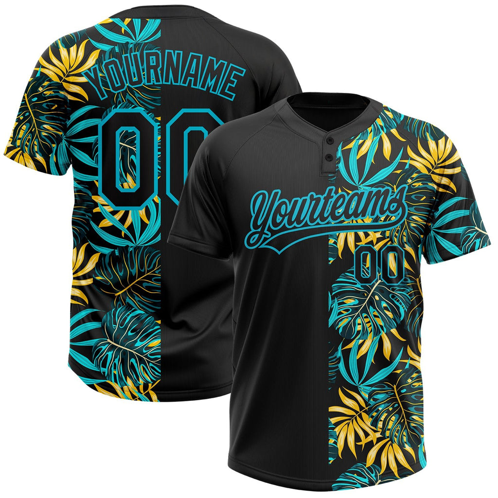 Custom Black Lakes Blue 3D Pattern Hawaii Tropical Palm Leaves Two-Button Unisex Softball Jersey photo 1