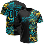 Custom Black Lakes Blue 3D Pattern Hawaii Tropical Palm Leaves Two-Button Unisex Softball Jersey photo 1