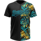 Custom Black Lakes Blue 3D Pattern Hawaii Tropical Palm Leaves Two-Button Unisex Softball Jersey photo 2