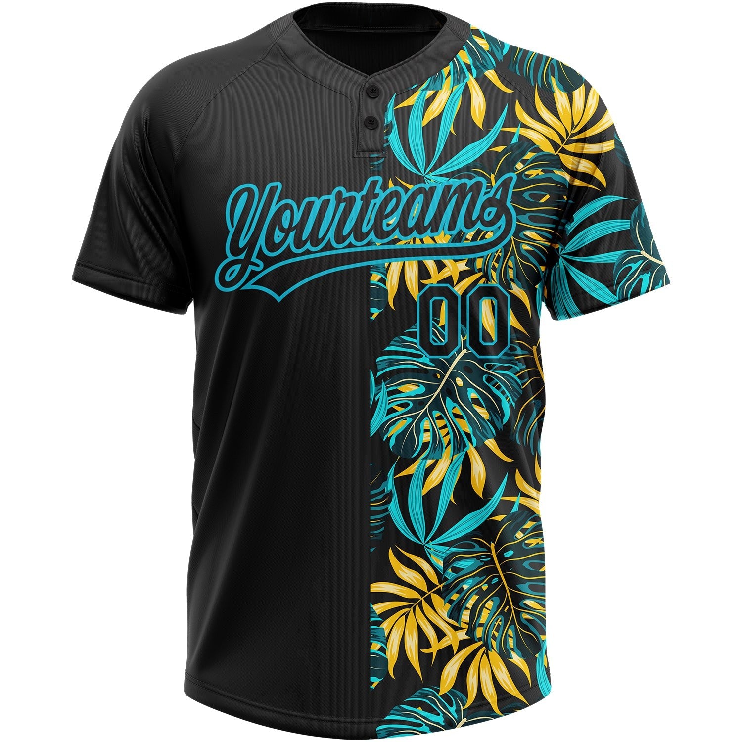 Custom Black Lakes Blue 3D Pattern Hawaii Tropical Palm Leaves Two-Button Unisex Softball Jersey photo 2
