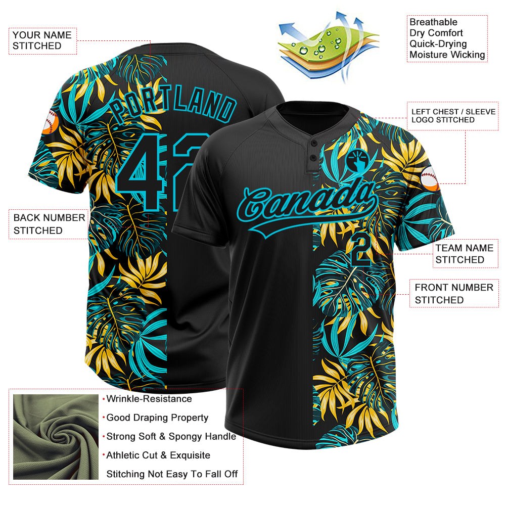 Custom Black Lakes Blue 3D Pattern Hawaii Tropical Palm Leaves Two-Button Unisex Softball Jersey photo 3