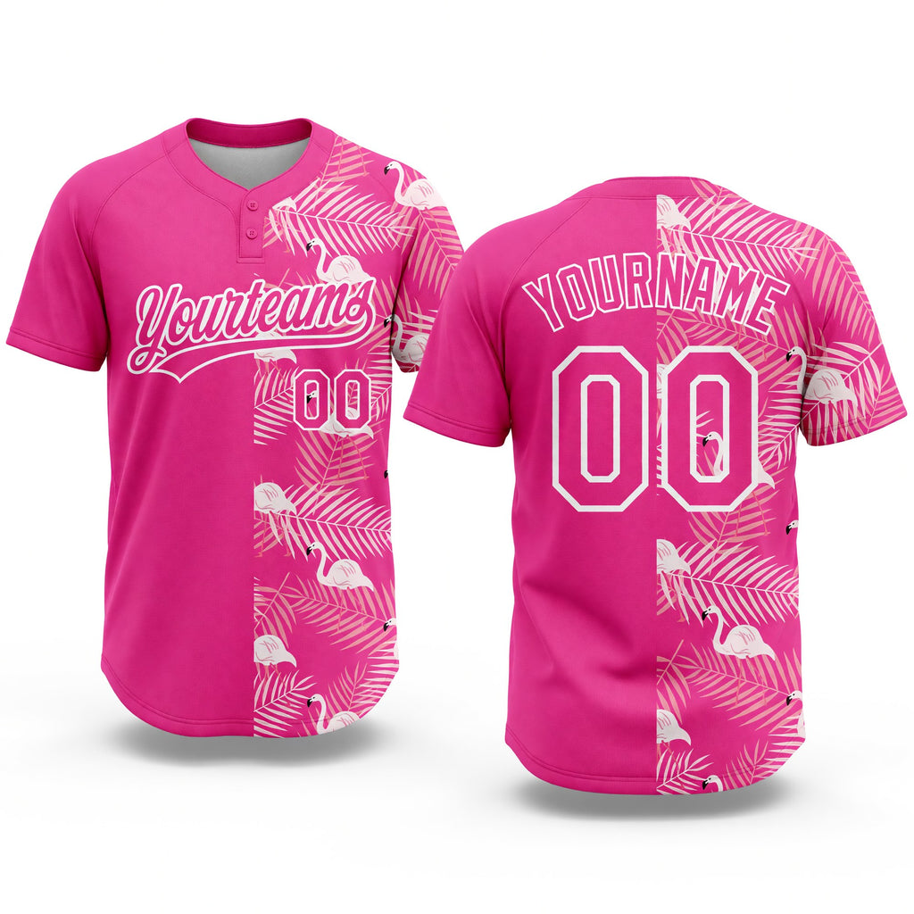 Custom Pink White 3D Pattern Tropical Palm Leaves And Famingo Two-Button Unisex Softball Jersey