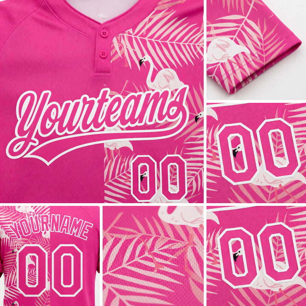 Custom Pink White 3D Pattern Tropical Palm Leaves And Famingo Two-Button Unisex Softball Jersey detail