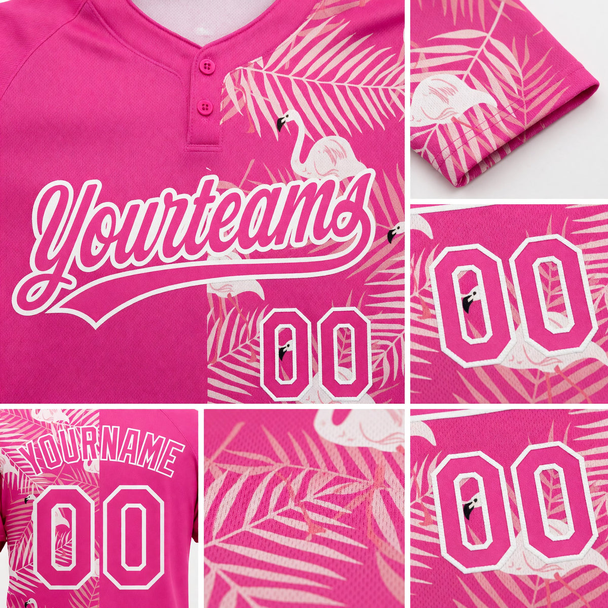 Custom Pink White 3D Pattern Tropical Palm Leaves And Famingo Two-Button Unisex Softball Jersey detail