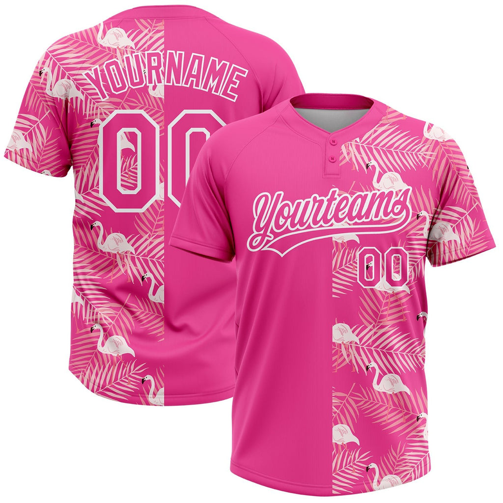 Custom Pink White 3D Pattern Tropical Palm Leaves And Famingo Two-Button Unisex Softball Jersey photo 1