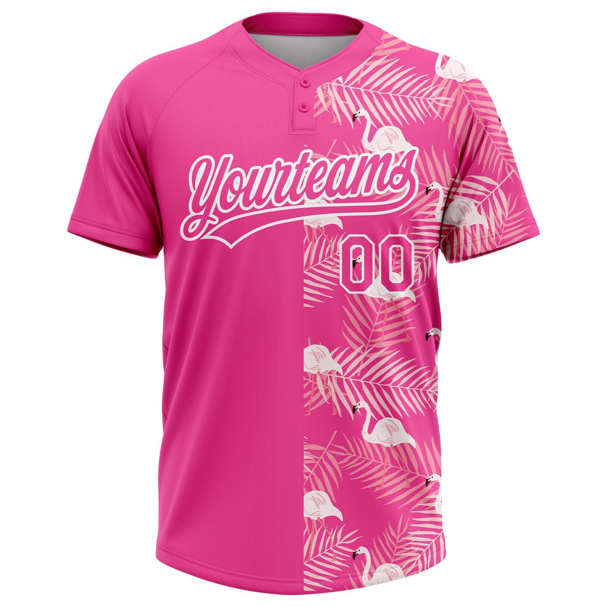 Custom Pink White 3D Pattern Tropical Palm Leaves And Famingo Two-Button Unisex Softball Jersey photo 2