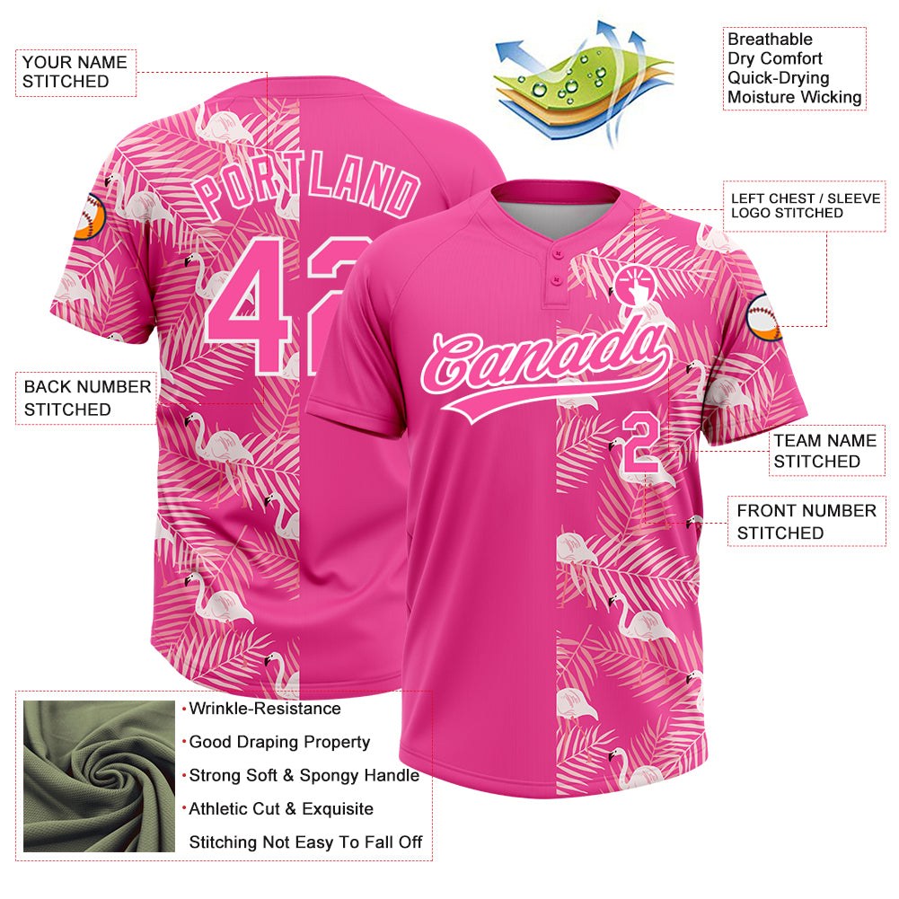 Custom Pink White 3D Pattern Tropical Palm Leaves And Famingo Two-Button Unisex Softball Jersey photo 3