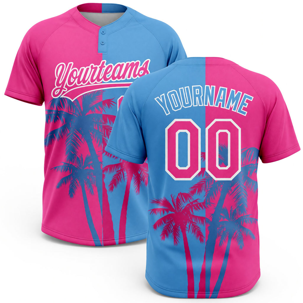 Custom Pink Light Blue-White 3D Pattern Hawaii Coconut Trees Two-Button Unisex Softball Jersey